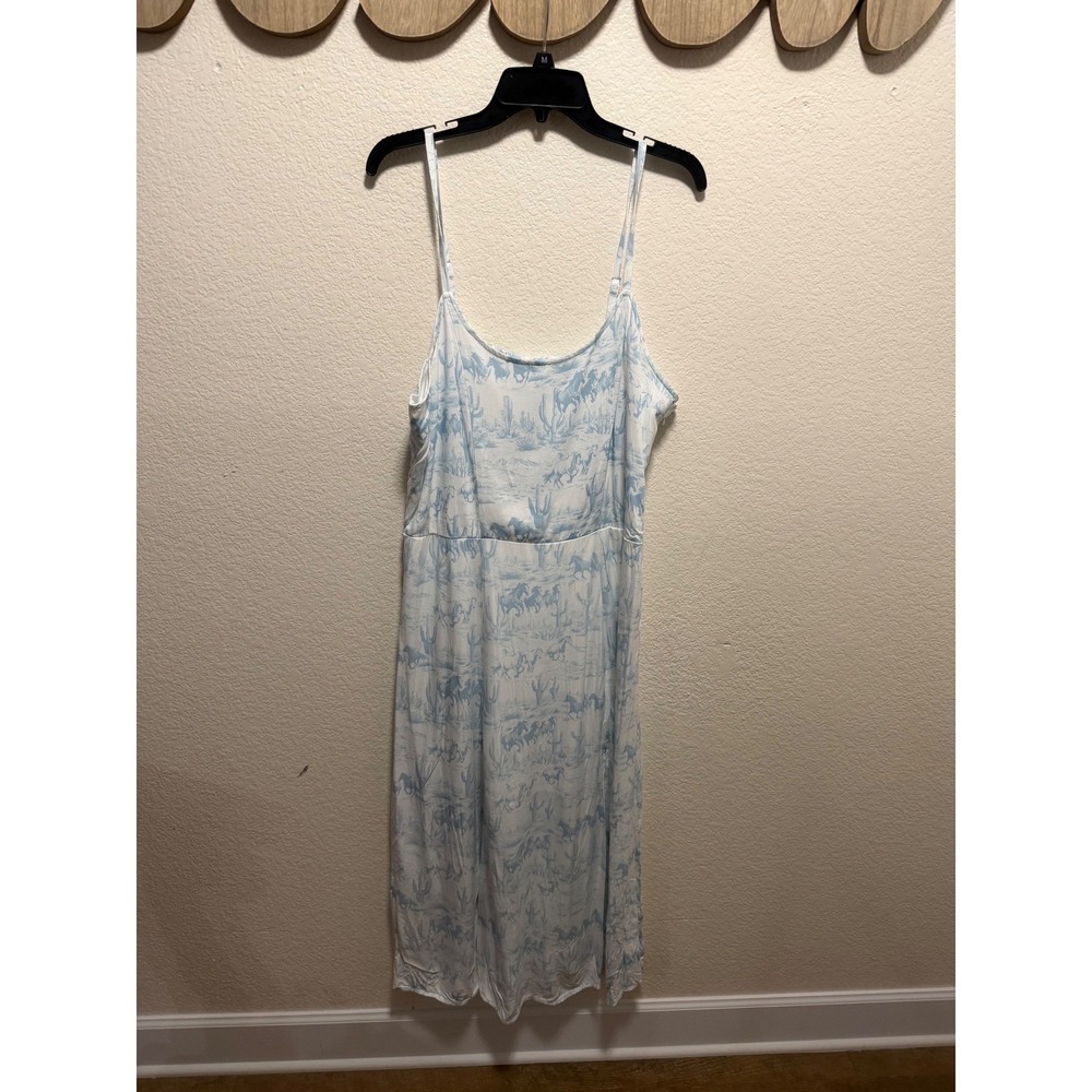 Wrangler Retro Womens Blue White Desert Horse Print Smocked Midi Dress Medium